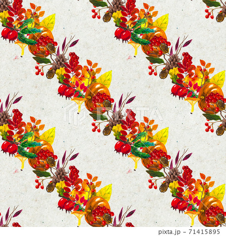 Autumn watercolor hand drawn seamless pattern with leaves mushrooms and pine cones Autumn watercolor hand drawn seamless pattern with leaves mushrooms and pine cones 71415895