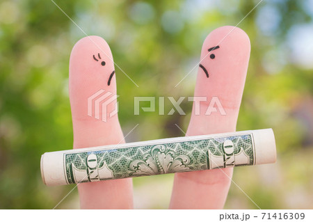 Fingers art of family during quarrel. man and woman can not divide property after divorce. 71416309