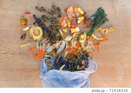 Domestic waste for compost from fruits and vegetables in the garbage bag on the table. Top view. 71416310