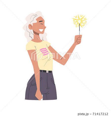 Young Woman Holding Burning Sparkler, Side View of Happy Blonde Girl in Joyful Mood Celebrating Christmas, New Year or Birthday Holiday Cartoon Style Vector Illustration Young Woman Holding Burning Sparkler, Side View of Happy Blonde Girl in Joyful Mood Celebrating Christmas, New Year or Birthday Holiday Cartoon Style Vector Illustration 71417212