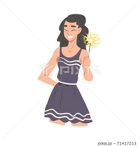 Young Woman Holding Burning Sparkler, Happy Brunette Girl Celebrating Christmas, New Year or Birthday Holiday Cartoon Style Vector Illustration 71417213