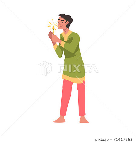 Indian Young Man in Traditional Clothes with Candle, People Celebrating Diwali Hindu Holiday Light Festival Cartoon Style Vector Illustration 71417263