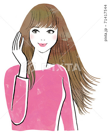 美しい長い髪を触って微笑む女性のイラスト素材