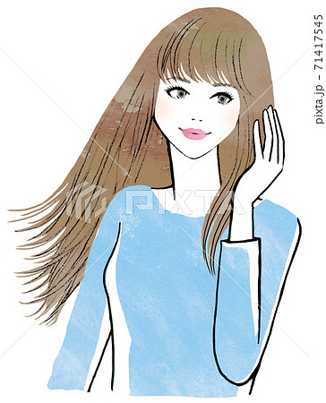 美しい長い髪を触って微笑む女性のイラスト素材