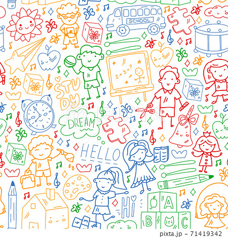 Vector pattern. School and online education. Little boys and girls play and grow together. 71419342