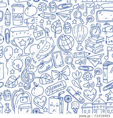 Vector illustration. Back to school seamless vector pattern. Textile fabric design, wrapping paper and website wallpapers. Vector illustration. Back to school seamless vector pattern. Textile fabric design, wrapping paper and website wallpapers. 71419403