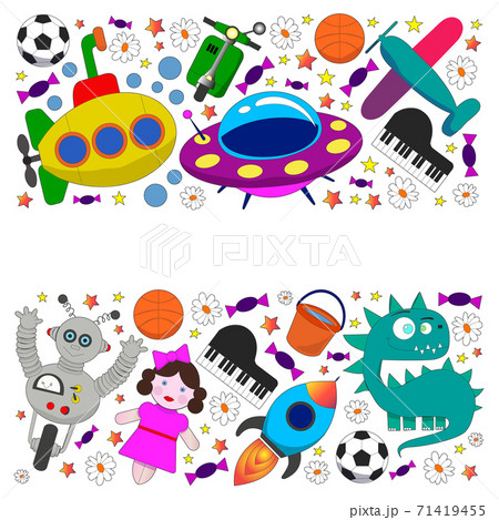 Vector pattern with toys for kids. Car, ufo, alien, airplane, teddy bear. 71419455