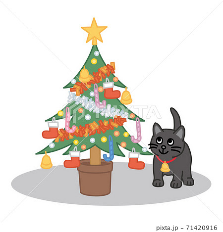 クリスマスツリーと黒猫のイラスト素材