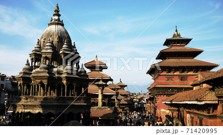 nepal cityscape, travel in ancient building in blue sky in traditional patan 71420995