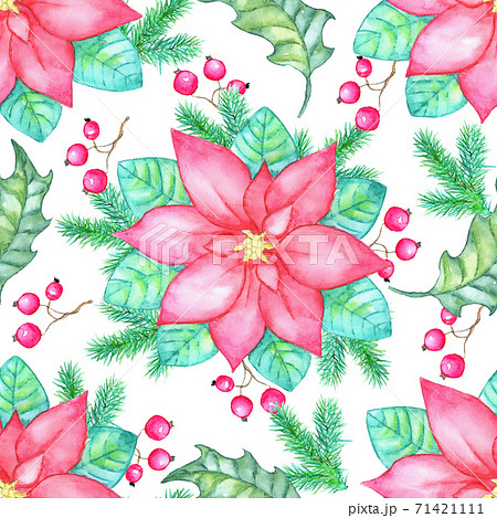 Christmas and New Year seamless pattern with beautiful poinsettia flower, berry and conifer on white background. Hand drawn vintage watercolor illustration for greeting cards, invitations. 71421111