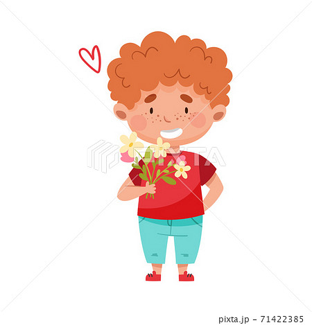 Embarrassed Boy Character Standing and Holding Flower Bouquet Vector Illustration Embarrassed Boy Character Standing and Holding Flower Bouquet Vector Illustration 71422385