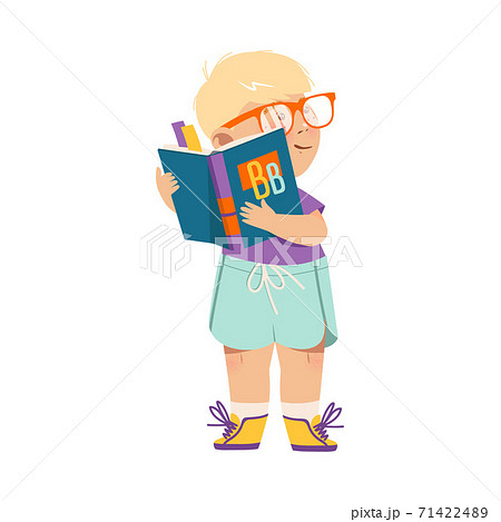Funny Freckled Boy Standing with Open Book and Reading Vector Illustration 71422489