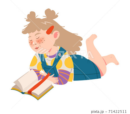 Interested Girl Character Lying with Open Book and Reading Vector Illustration 71422511