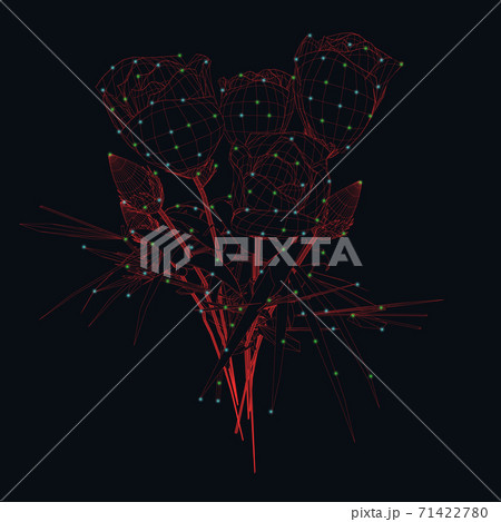Wireframe of a bouquet of roses from red lines with glowing lights on a dark background. 3D. Vector illustration Wireframe of a bouquet of roses from red lines with glowing lights on a dark background. 3D. Vector illustration 71422780
