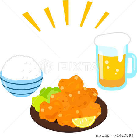大盛りの唐揚げとご飯とビール、不摂生 大盛りの唐揚げとご飯とビール、不摂生 71423094