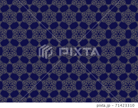 Geometric abstract snowflake seamless pattern. Stylish monochrome gold line texture. Optical illusion effect. Dark blue color background is easy to change 71423310