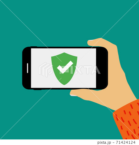 Hand Holding Mobile Phone With Security Shield のイラスト素材