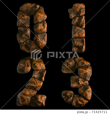 Set of rocky numbers 0, 1, 2, 3. Font of stone on black background. 3d 71425711