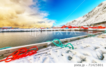 Outstanding panoramic view of small fishing village Ramberg at sunrise. 71425801