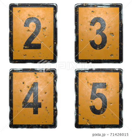 Set of numbers 2, 3, 4, 5 made of public road sign orange and black color on white background. 3d Set of numbers 2, 3, 4, 5 made of public road sign orange and black color on white background. 3d 71426015