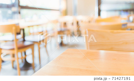 Modern interior of coffee shop with selective focusing  on wooden top table for montage product display 71427191