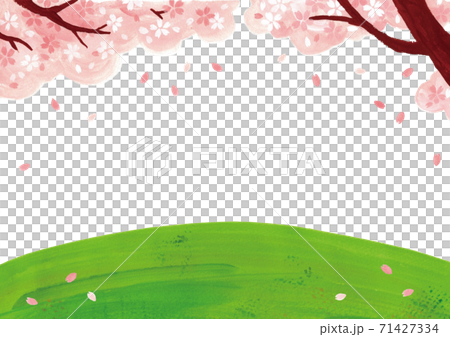 桜の木と草原のイラスト背景フレーム 花吹雪 白バック のイラスト素材 桜の木と草原のイラスト背景フレーム 花吹雪 白バック のイラスト素材