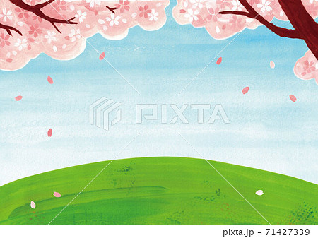 桜の木と草原 青空の背景イラスト 花吹雪 のイラスト素材