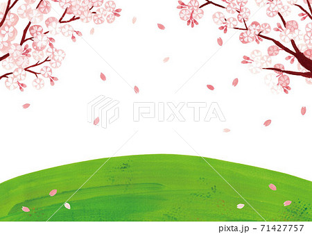 桜の木と草原のイラスト背景フレーム 花吹雪 白バック のイラスト素材