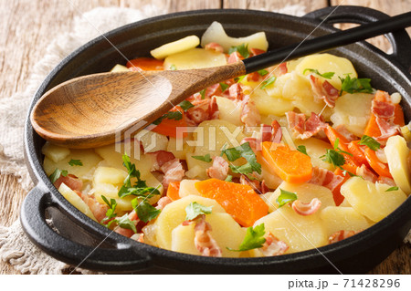 Tasty Tatws Pum Munud British dish close-up in a frying pan. Horizontal Tasty Tatws Pum Munud British dish close-up in a frying pan. Horizontal 71428296
