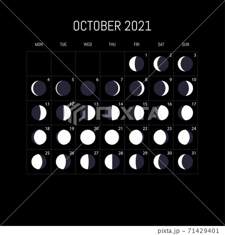 Moon phases calendar for 2021 year. October. Night background design. Vector illustration Moon phases calendar for 2021 year. October. Night background design. Vector illustration 71429401