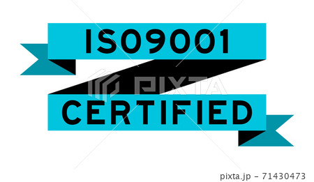 Vintage blue color ribbon banner with word ISO 9001 certified on white background 71430473