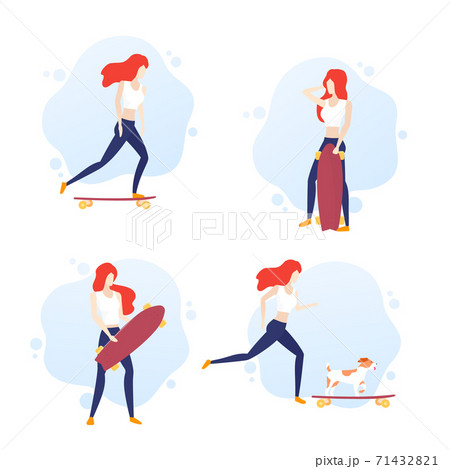girl riding longboard, young skater with her dog 71432821