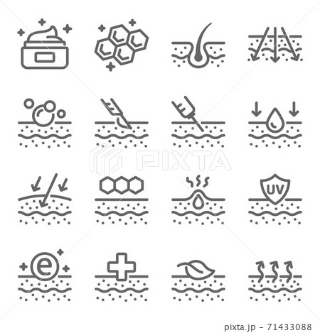 Skin icon illustration vector set. Contains such icon as Treatment, Moisture, Dermatology, Skincare, Botox, and more. Expanded Stroke 71433088