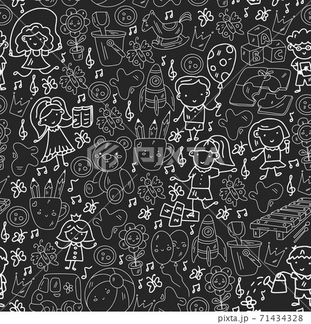 Vector pattern. Kindergarten and toys. Little children game. Kids playground. Education, creativity, imagination. 71434328
