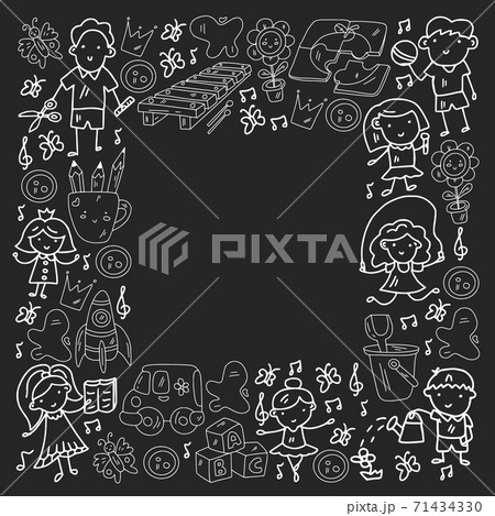 Vector pattern. Kindergarten and toys. Little children game. Kids playground. Education, creativity, imagination. Vector pattern. Kindergarten and toys. Little children game. Kids playground. Education, creativity, imagination. 71434330