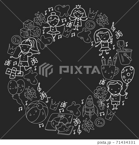 Vector pattern. Kindergarten and toys. Little children game. Kids playground. Education, creativity, imagination. Vector pattern. Kindergarten and toys. Little children game. Kids playground. Education, creativity, imagination. 71434331