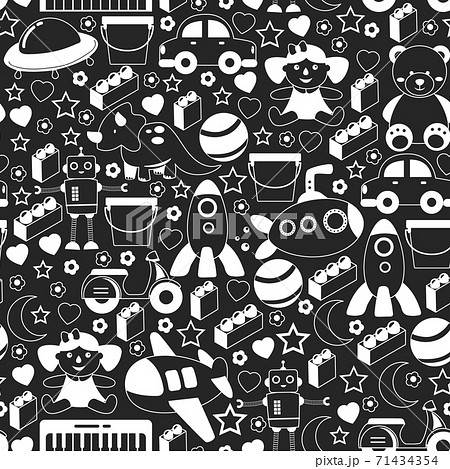 Vector pattern with the collection of toys. Doll, submarine, plane, ship. Children and kindergarten illustration. 71434354