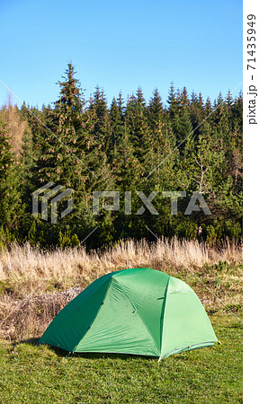 Green tent on a meadow by the edge of a mountain forest. 71435949