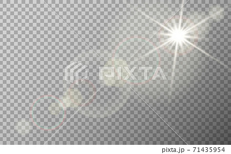 Lens flare effect on transparent backdrop. Sunlight special glare. Bright flash with warm rays. Sunshine with sparks. Light rings and highlights template. Vector illustration 71435954