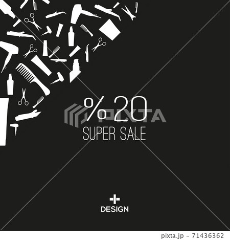 Hair dryer, comb, hair straightening machine, Cream, Hair Care Oil, scissors. Design of 20% advertising poster on black, white background for beauty store, blog, Magazine and promotion. 71436362
