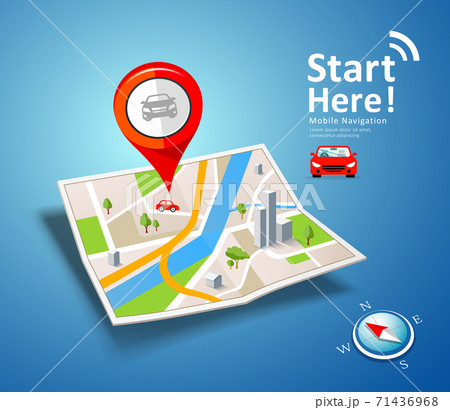 Folded maps car navigation with red color point markers concept design on blue background 71436968