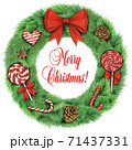 Realistic watercolor Christmas wreath with big red bow and sweets 71437331