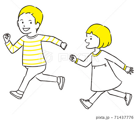 手描き1color 笑顔で走る男の子と女の子のイラスト素材