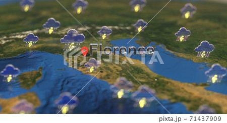 Stormy weather icons near Florence city on the map, weather forecast related 3D rendering Stormy weather icons near Florence city on the map, weather forecast related 3D rendering 71437909