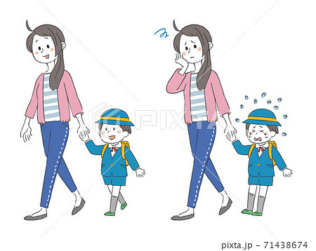 手を繋いで歩く母親と園児 セットのイラスト素材