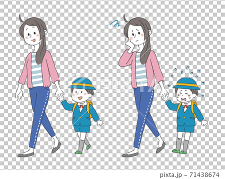 Mother and kindergarten set walking hand in hand Mother and kindergarten set walking hand in hand 71438674