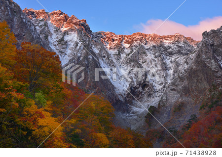谷川岳一ノ倉沢出合いから見た紅葉の谷と稜線に朝日差す一ノ倉沢の岩壁 71438928