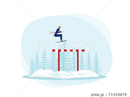 Businessman use sky jumping over hurdles or obstacles on snow background. Symbol of determination, aspiration, ambition, motivation and success Businessman use sky jumping over hurdles or obstacles on snow background. Symbol of determination, aspiration, ambition, motivation and success 71439870