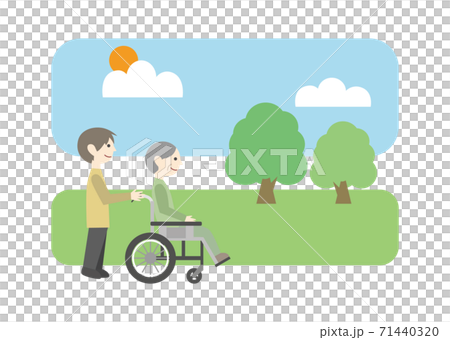 Elderly man in a wheelchair and a caregiver 71440320