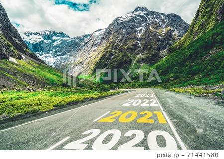 2021 New Year road trip travel and future vision concept . 71441580